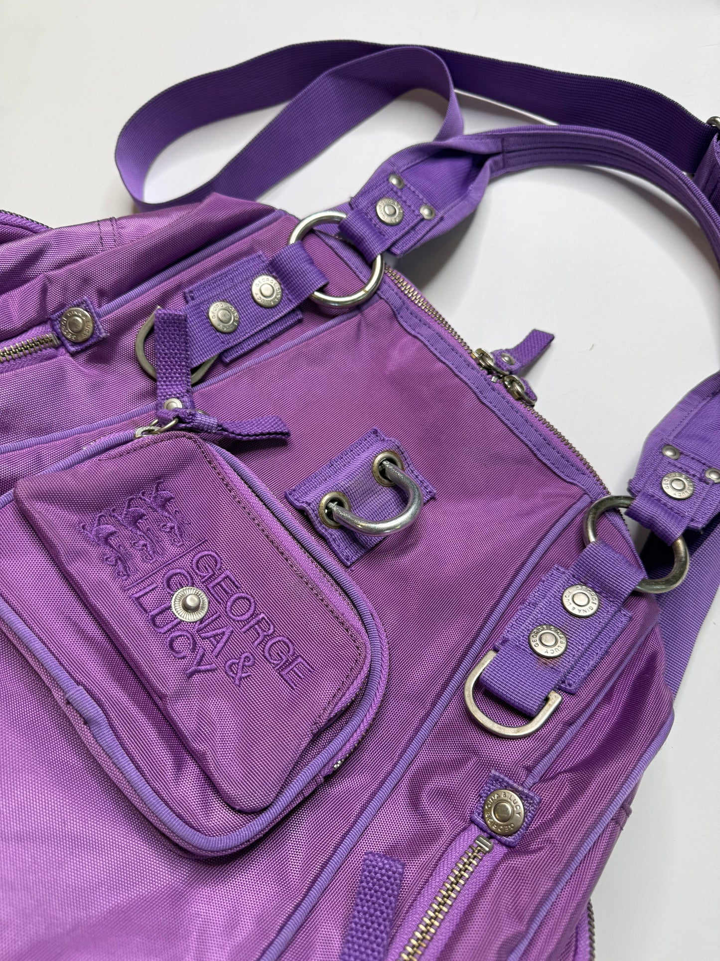 GEORGE GINA & LUCY VINTAGE PURPLE NYLON MULTI-POCKET BAG "MORPHA BYTCHAN"