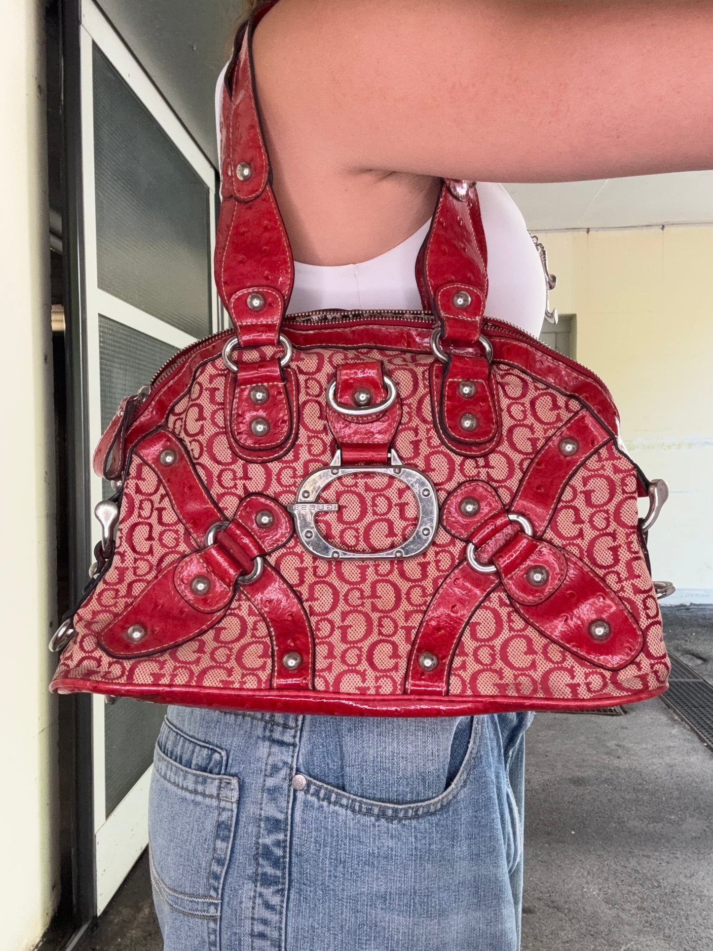 GUESS VINTAGE RED OSTRICH-EMBOSSED MONOGRAM BOWLER BAG