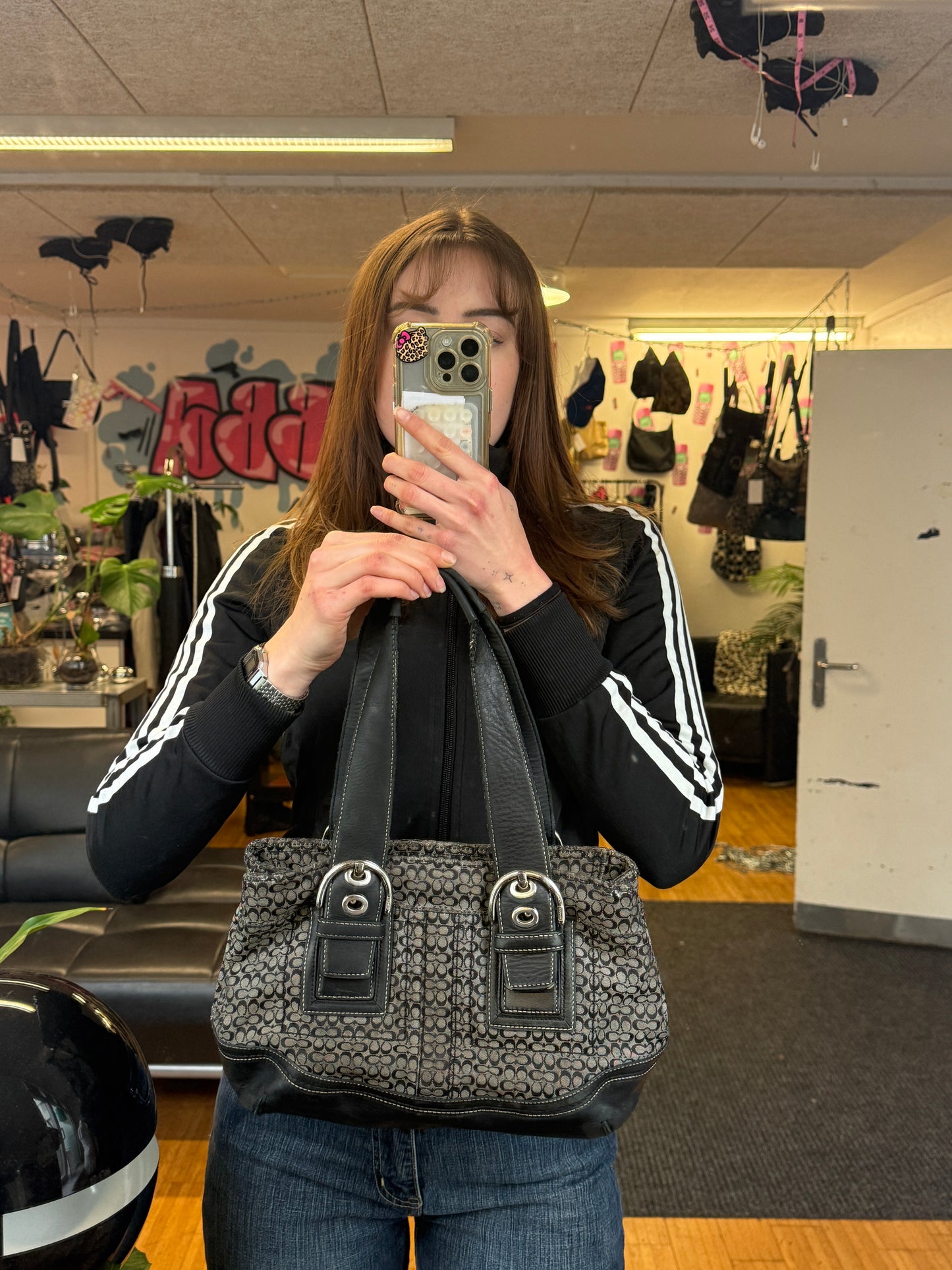 BLACK LEATHER COACH MONOGRAM PURSE