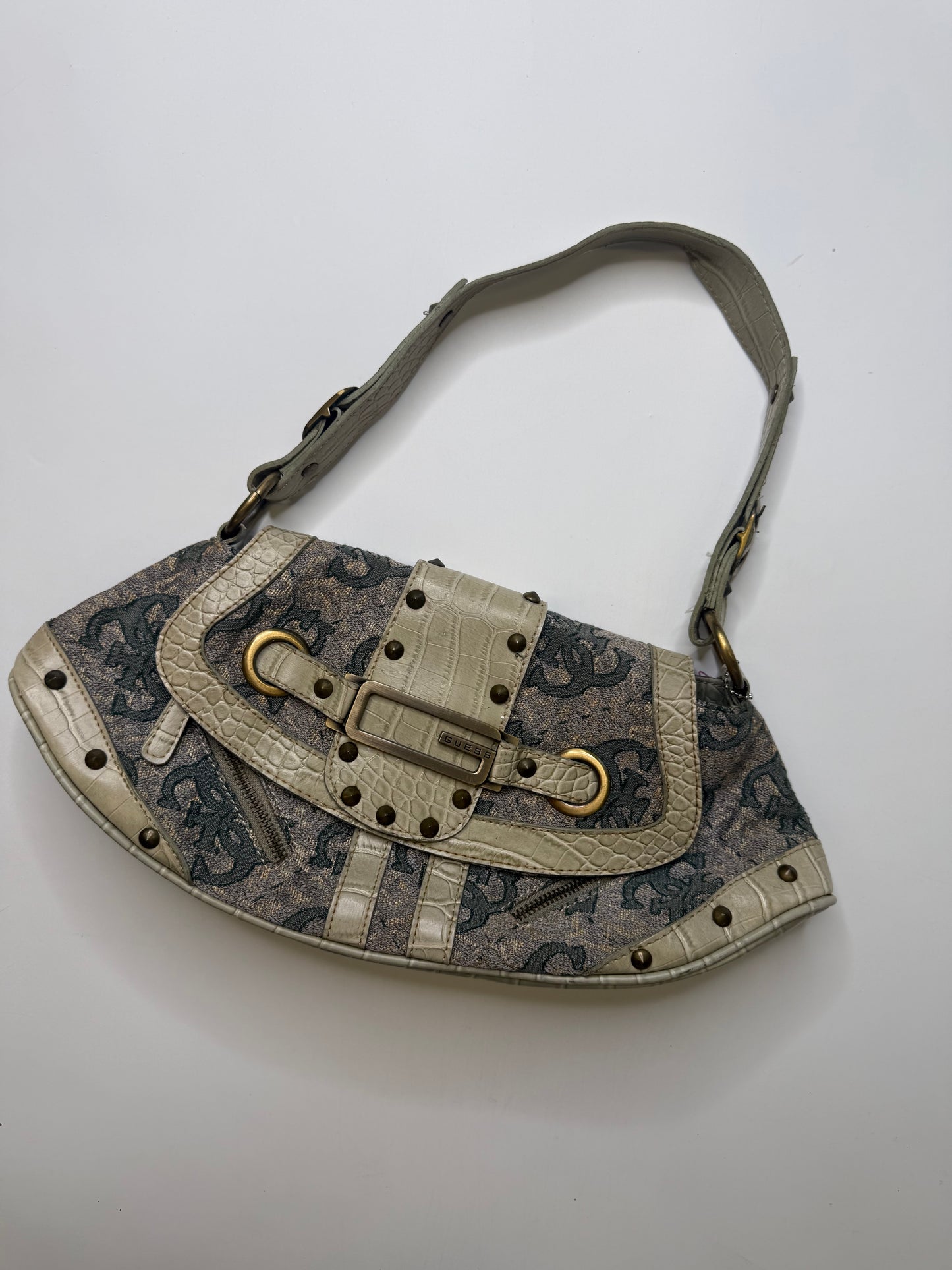 GUESS MONOGRAM STUDDED BAG – TAUPE