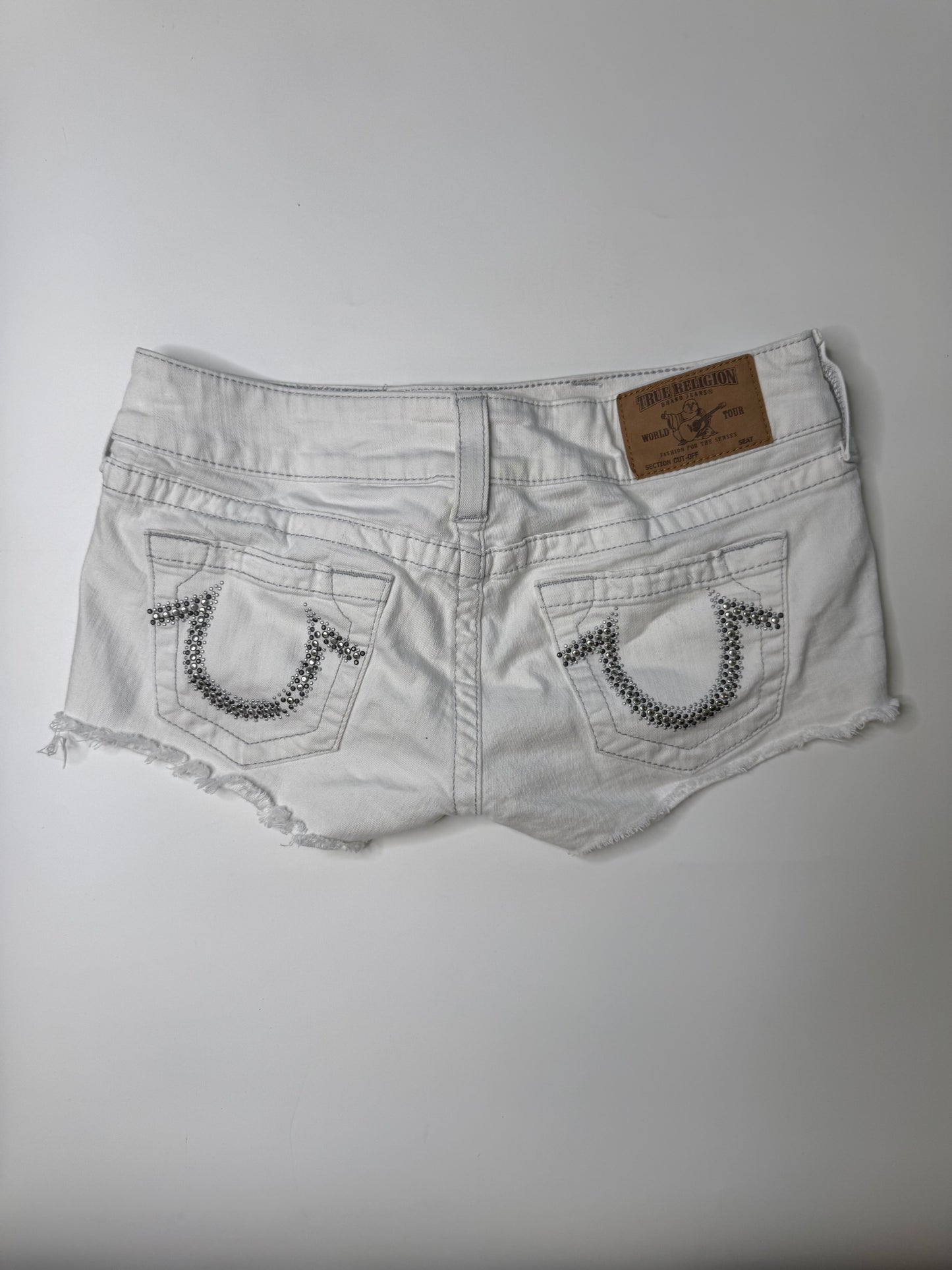 TRUE RELIGION VINTAGE RHINESTONE CUTOFF DENIM SHORTS