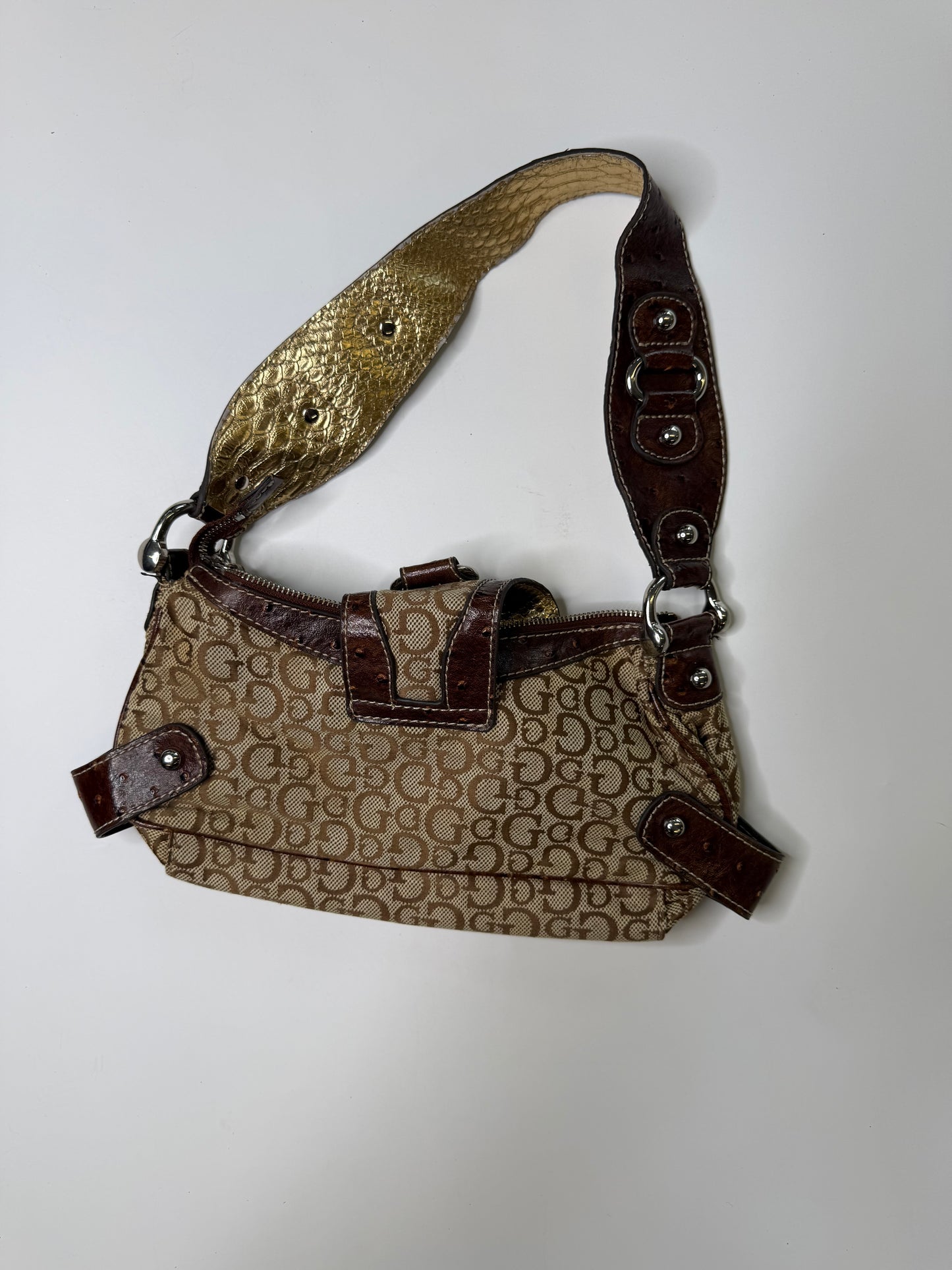 SPECIAL VINTAGE GUESS MONOGRAM SHOULDER BAG - OSTRICH TRIM (TAN)