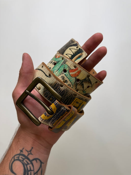 RARE ED HARDY LEATHER GRAFFITI BELT – TAN (S)