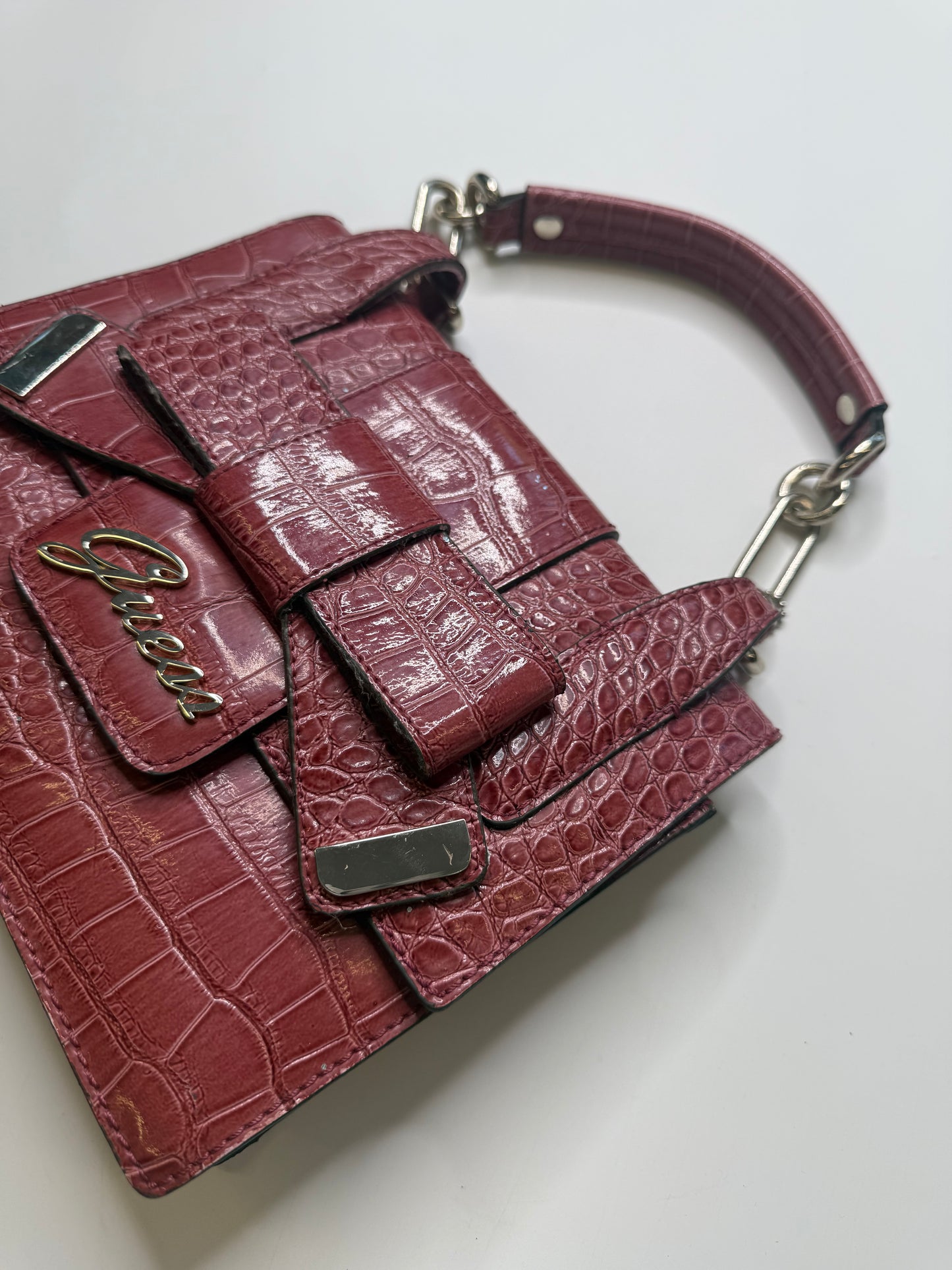 GUESS CROC EMBOSSED BOW BAG – BURGUNDY