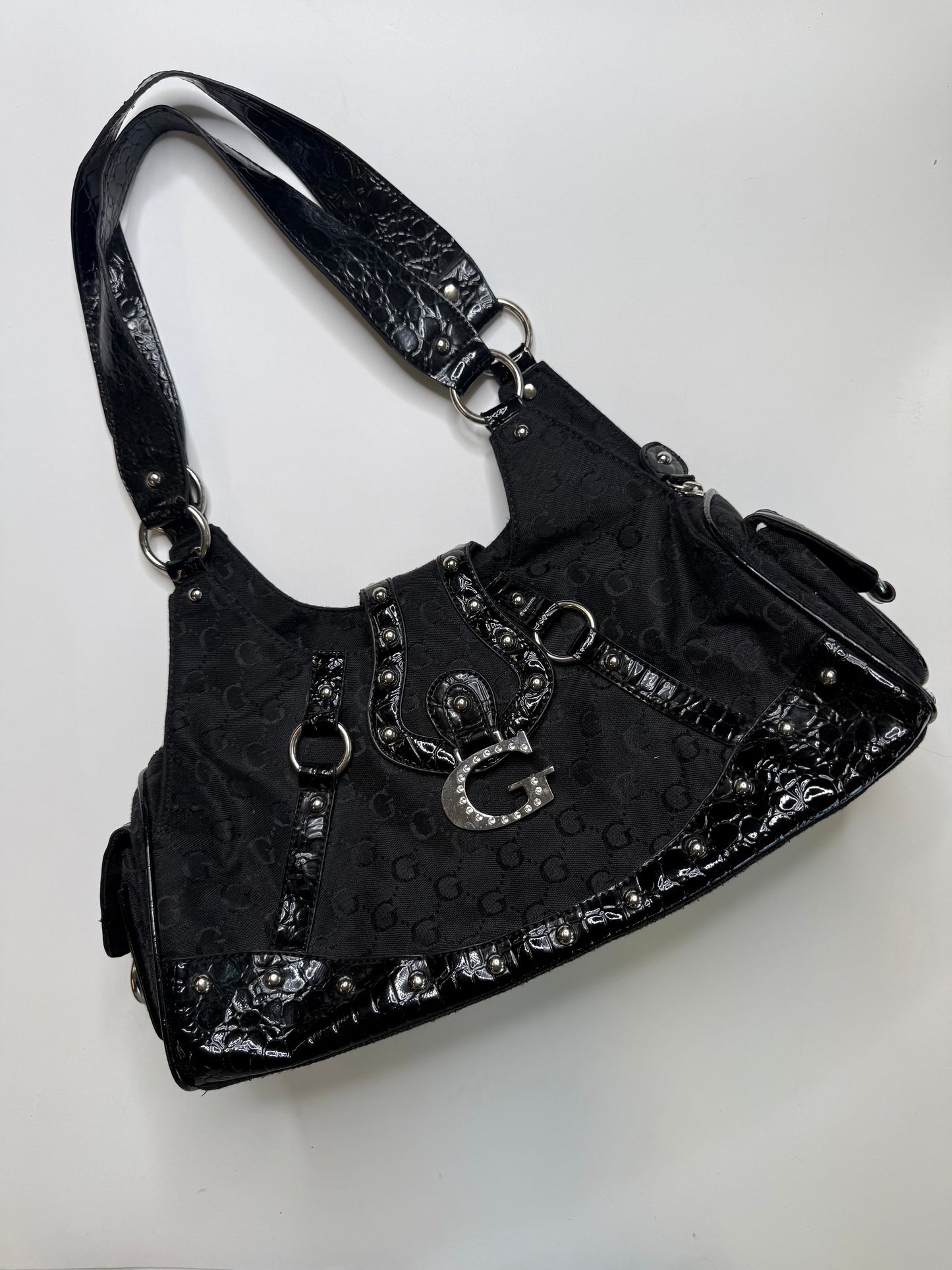 GUSSACCI VINTAGE BLACK MONOGRAM RHINESTONE G HANDBAG