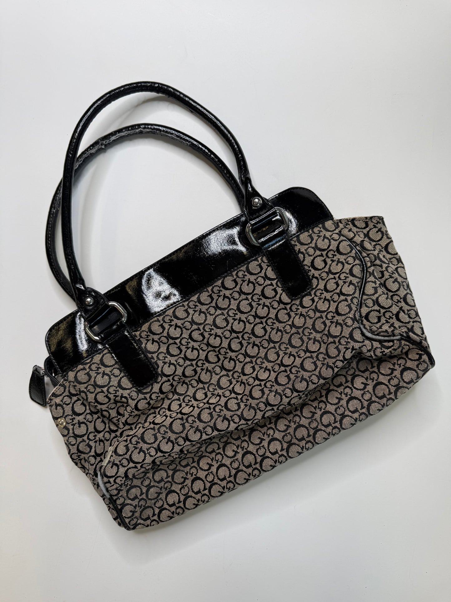 GUESS VINTAGE MONOGRAM RHINESTONE BUCKLE HANDBAG