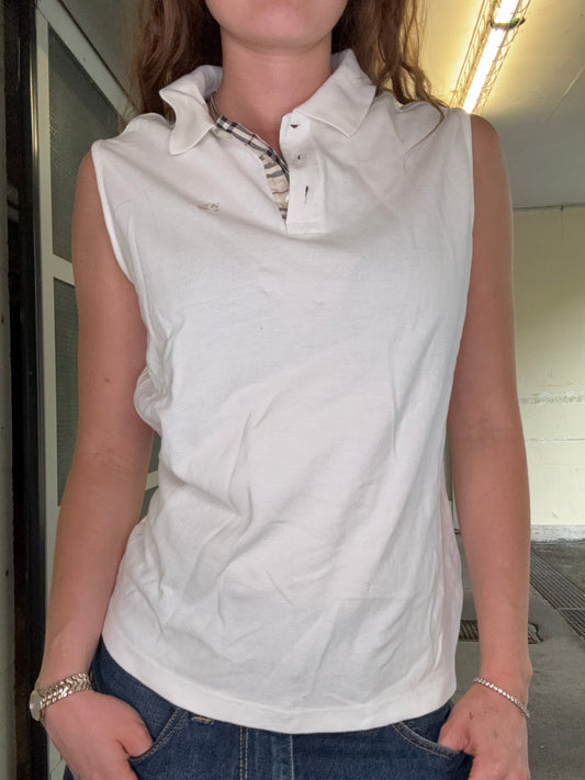 VINTAGE WHITE BURBERRY SLEEVELESS POLO (W:XL)