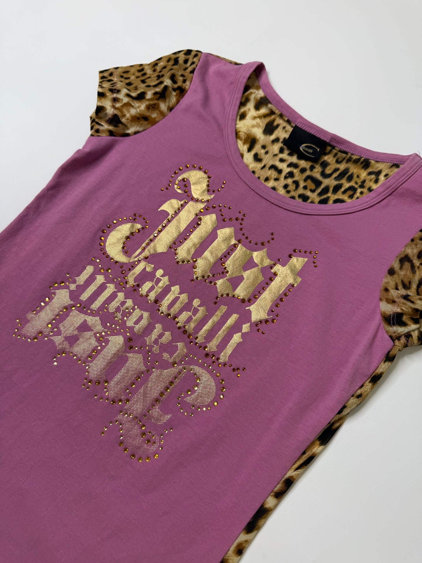 JUST CAVALLI VINTAGE LEOPARD PRINT RHINESTONE TOP (S/M)