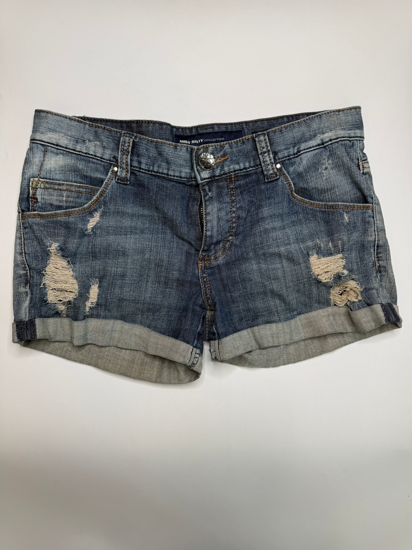 MISS SIXTY VINTAGE DISTRESSED DENIM SHORTS (M)