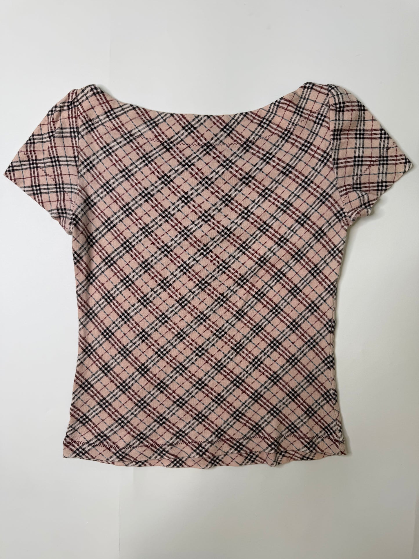 BURBERRY LONDON PINK NOVA CHECK BOAT NECK TOP (38, S/M)