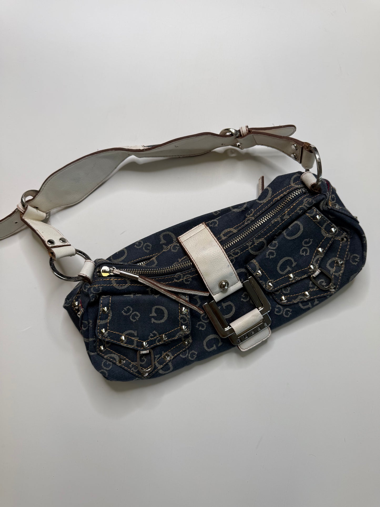 GUESS VINTAGE DENIM MONOGRAM SHOULDER BAG