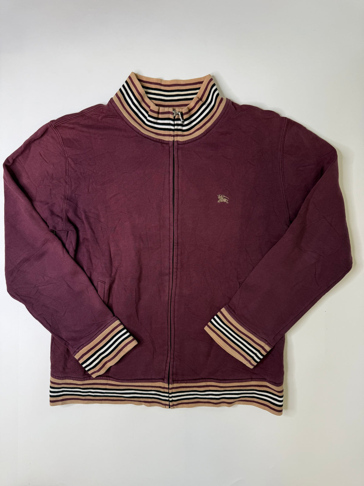 BURBERRY BLACK LABEL STRIPED-HEM ZIP CARDIGAN BURGUNDY (M)