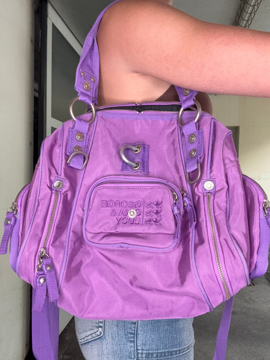 GEORGE GINA & LUCY VINTAGE PURPLE NYLON MULTI-POCKET BAG