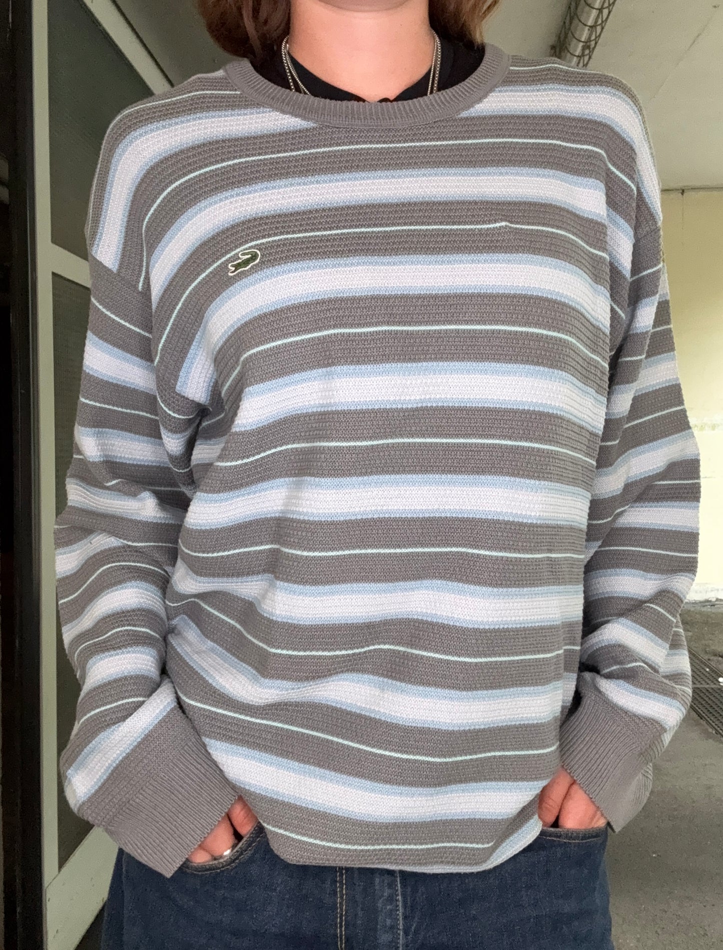 VINTAGE STRIPED BABYBLUE/TIFFANY BLUE STRIPED LACOSTE SWEATER (~XL)