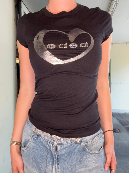 BEBE BLACK FOIL HEART RHINESTONE TEE