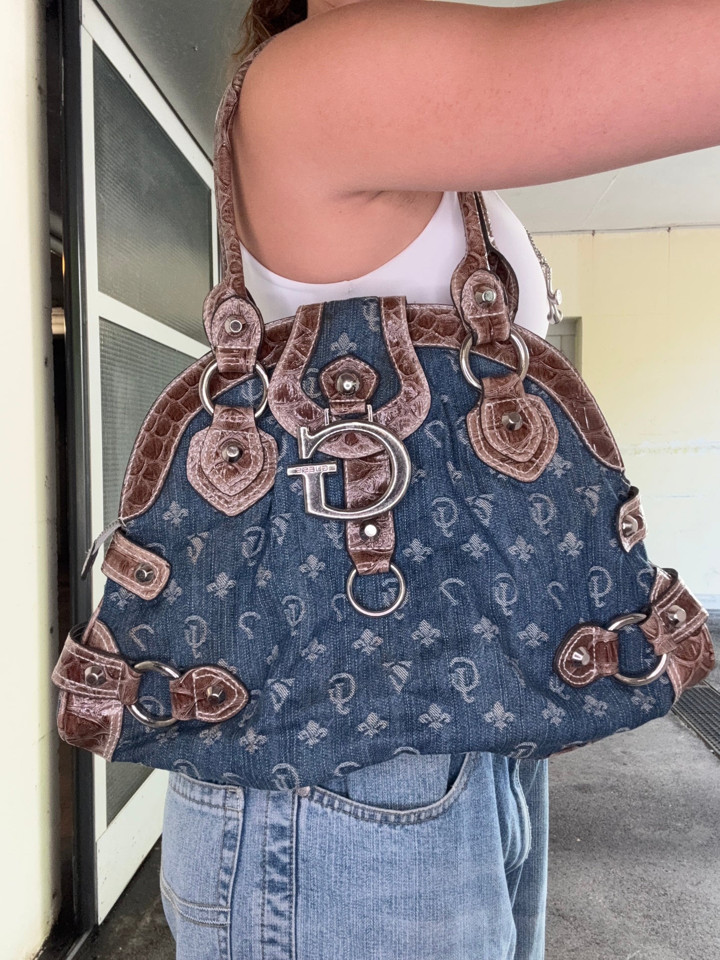 GUESS VINTAGE DENIM CROC-TRIM SATCHEL