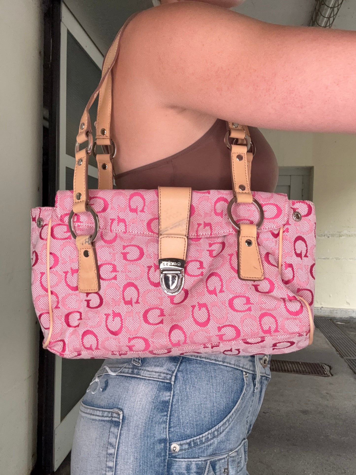 GUESS VINTAGE PINK LOGO JACQUARD TAN TRIM TOTE BAG