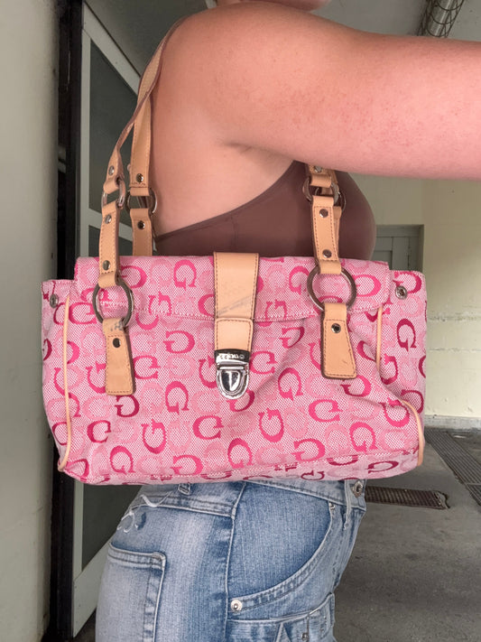GUESS VINTAGE PINK LOGO JACQUARD TAN TRIM TOTE BAG