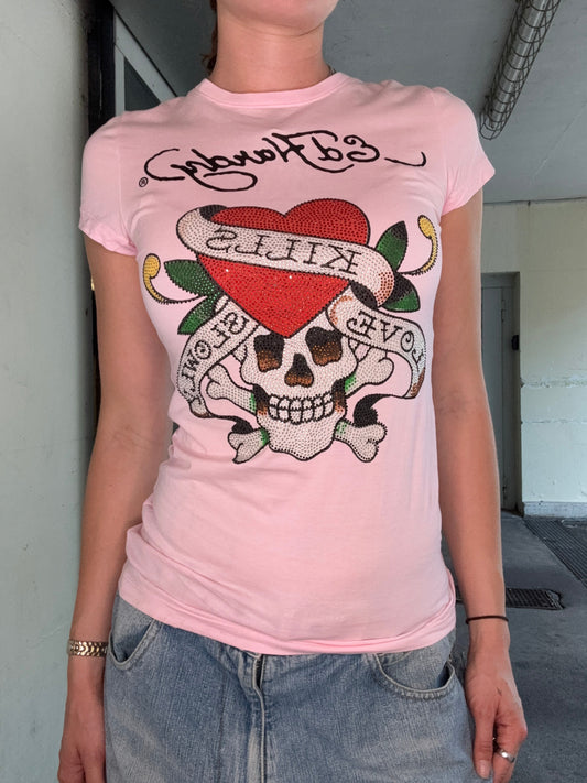 ED HARDY PINK LOVE KILLS SLOWLY RHINESTONE TEE (S)