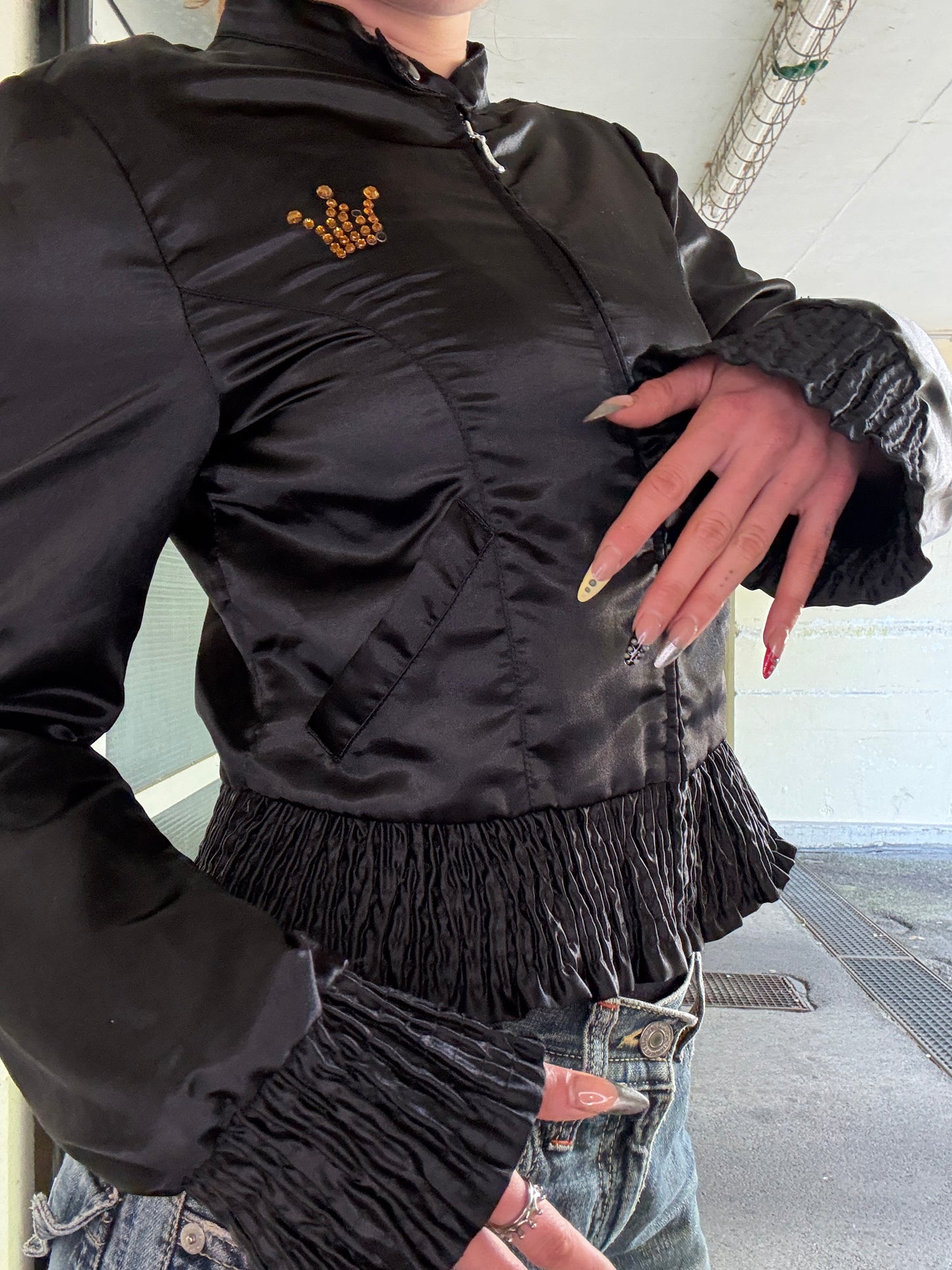 VINTAGE 2000s MISS SIXTY RHINESTONE RUFFLED JACKET