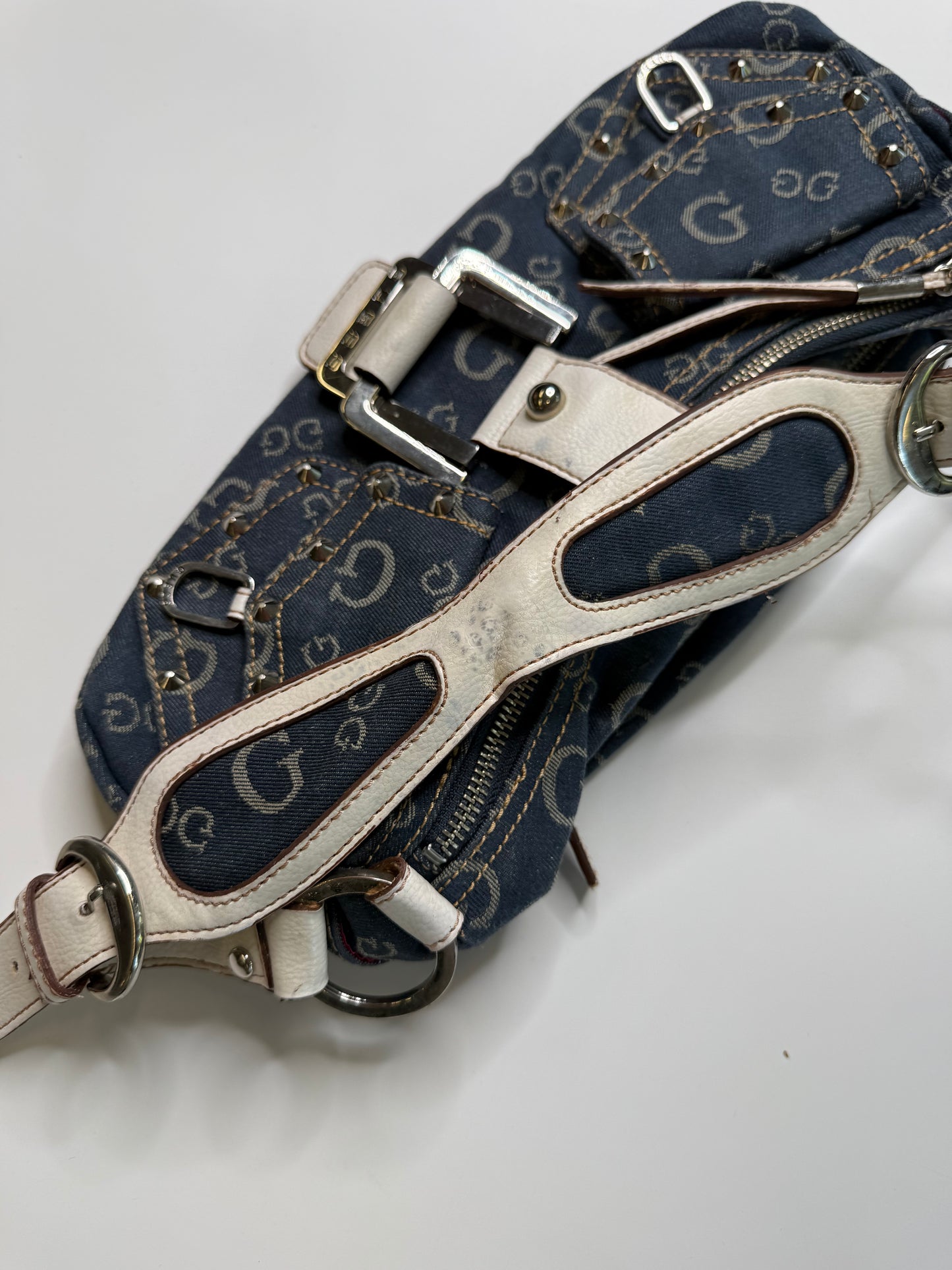 GUESS VINTAGE DENIM MONOGRAM SHOULDER BAG