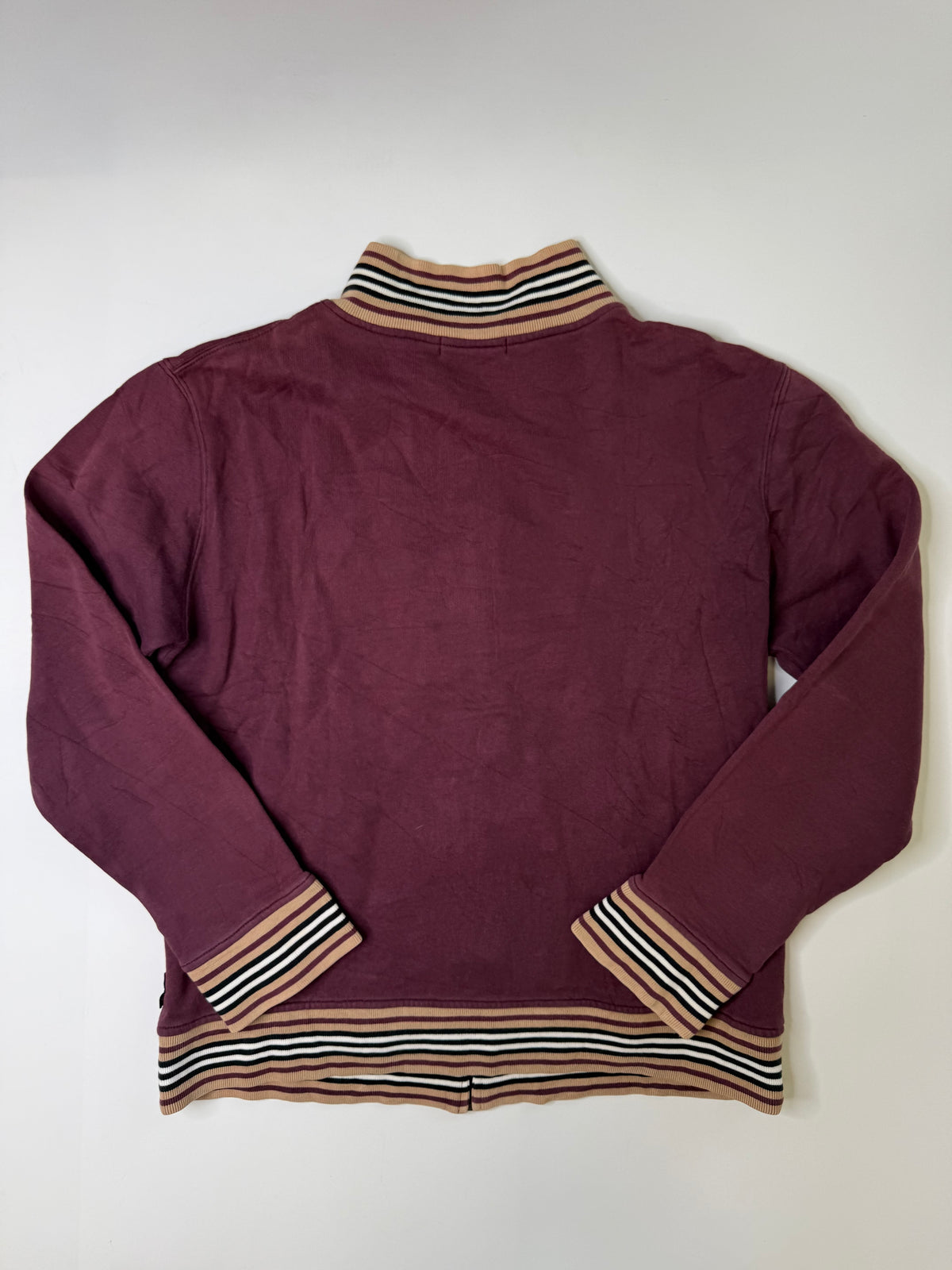 BURBERRY BLACK LABEL STRIPED-HEM ZIP CARDIGAN BURGUNDY (M)