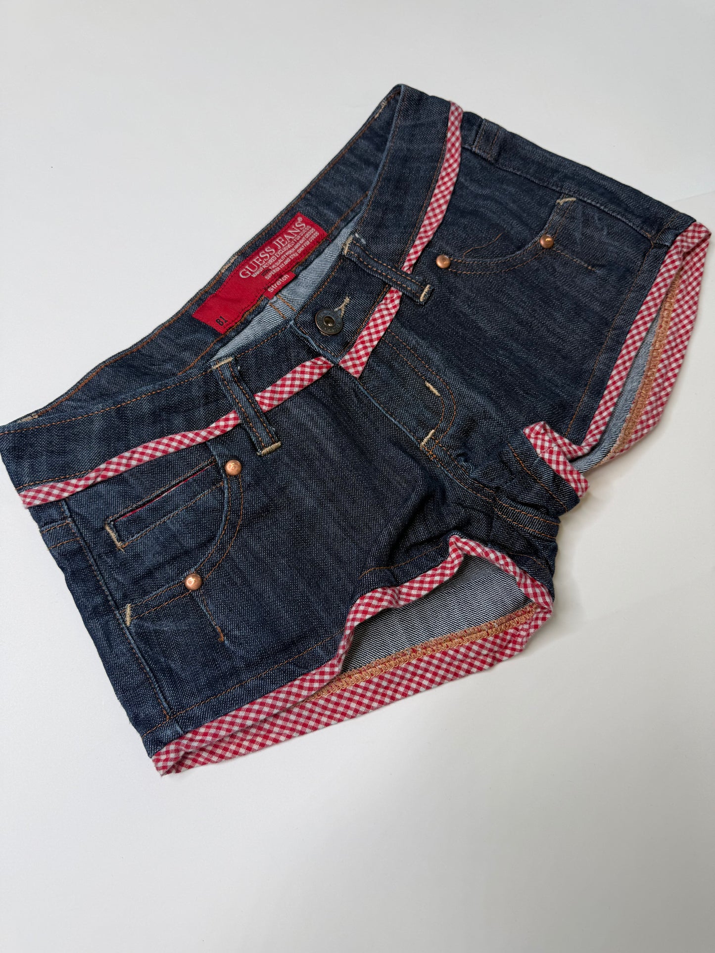GUESS VINTAGE GINGHAM TRIM DENIM SHORTS