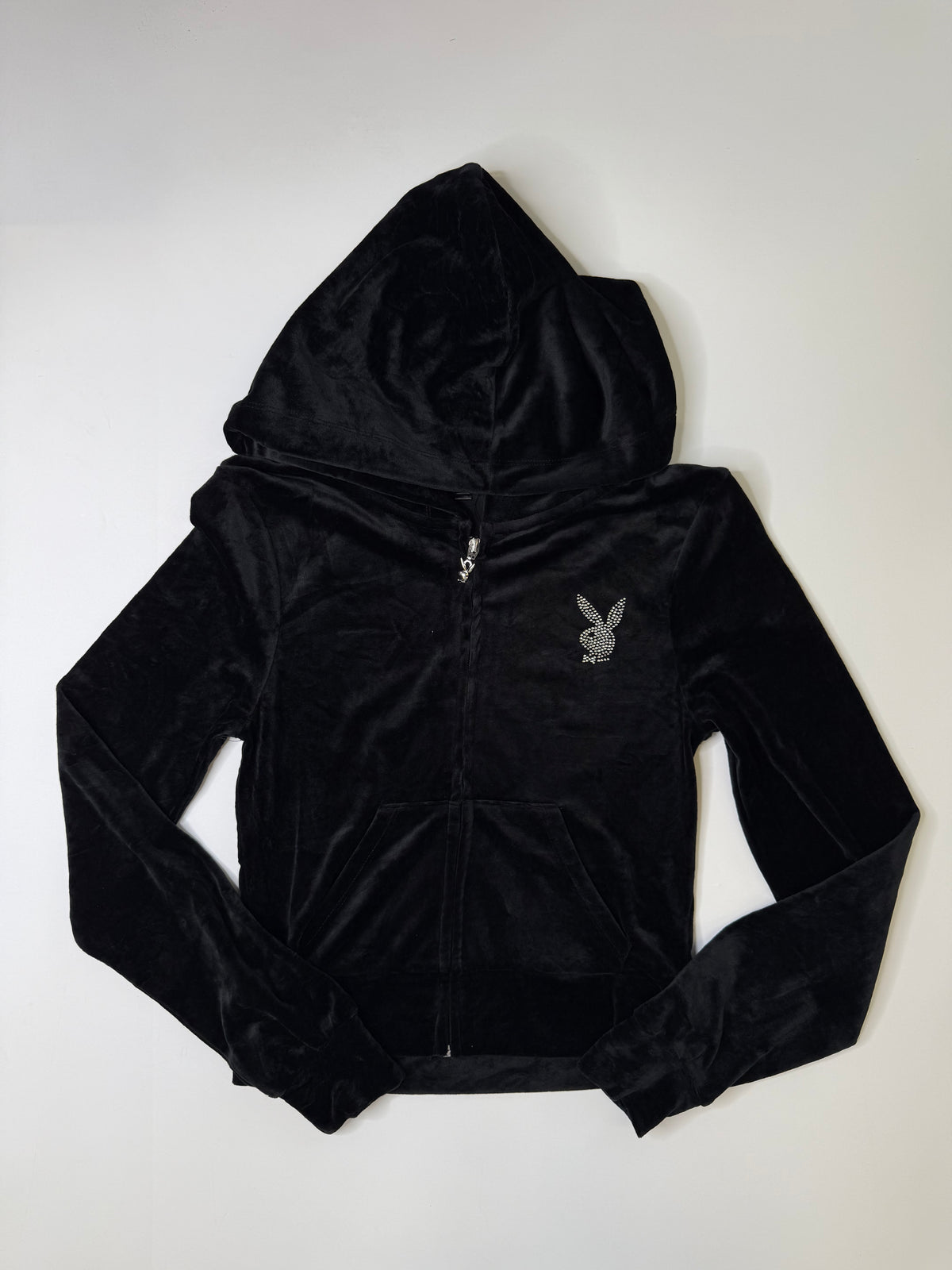 PLAYBOY RHINESTONE BUNNY VELOUR HOODIE BLACK (S)