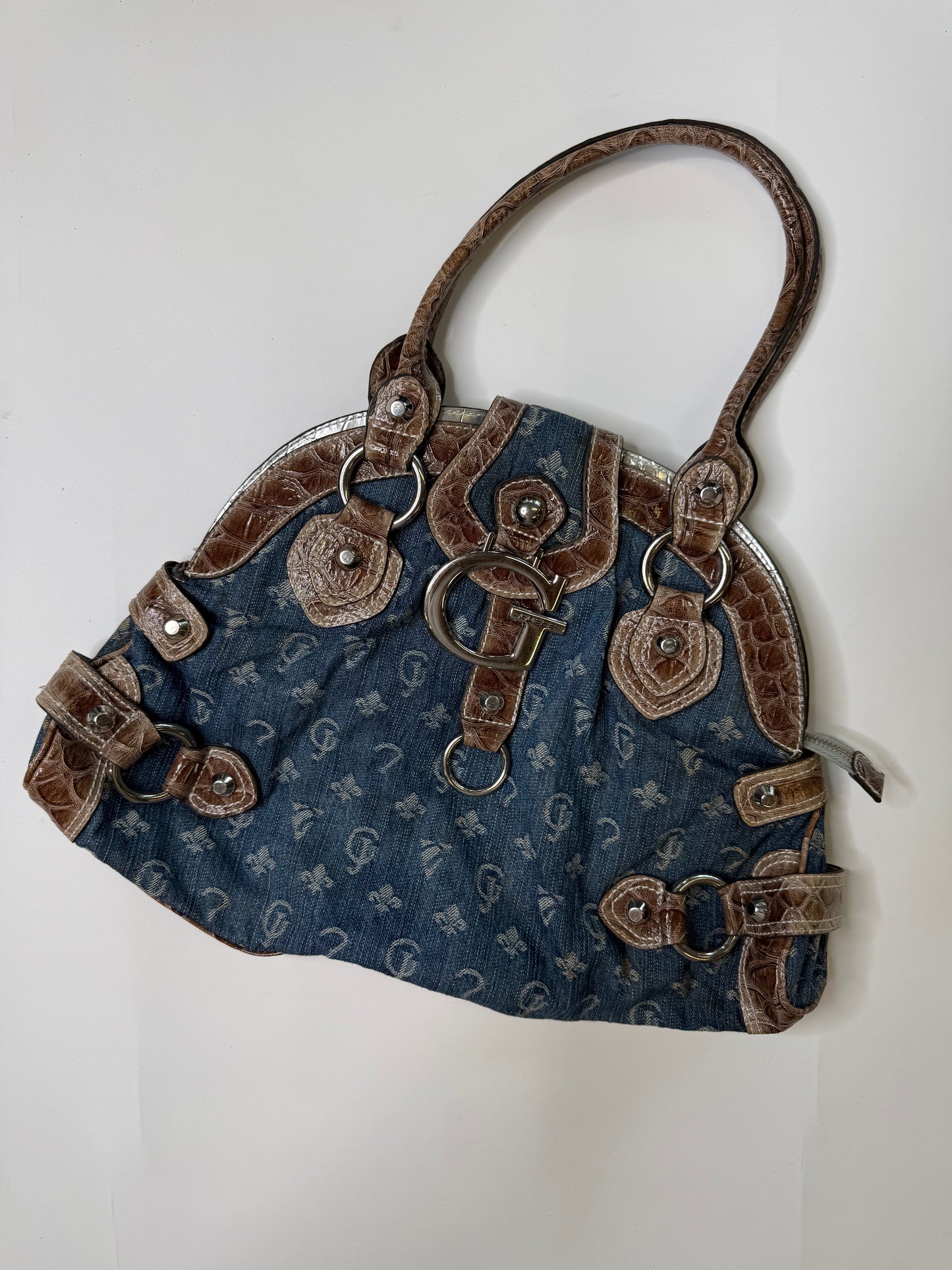 GUESS VINTAGE DENIM CROC-TRIM SATCHEL