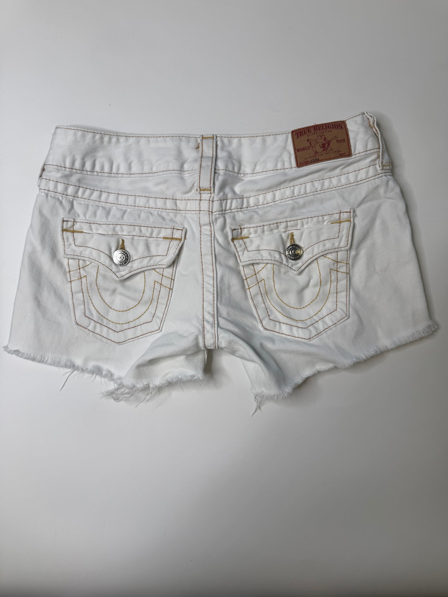 TRUE RELIGION VINTAGE WHITE FLAP POCKET DENIM SHORTS