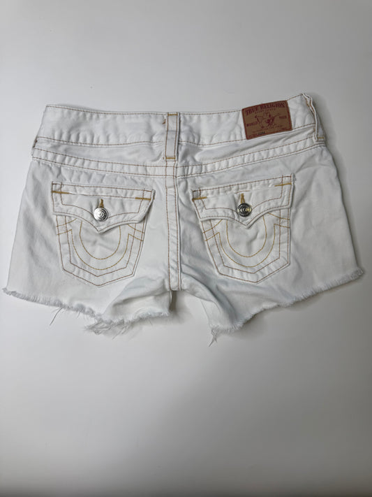TRUE RELIGION VINTAGE WHITE FLAP POCKET DENIM SHORTS