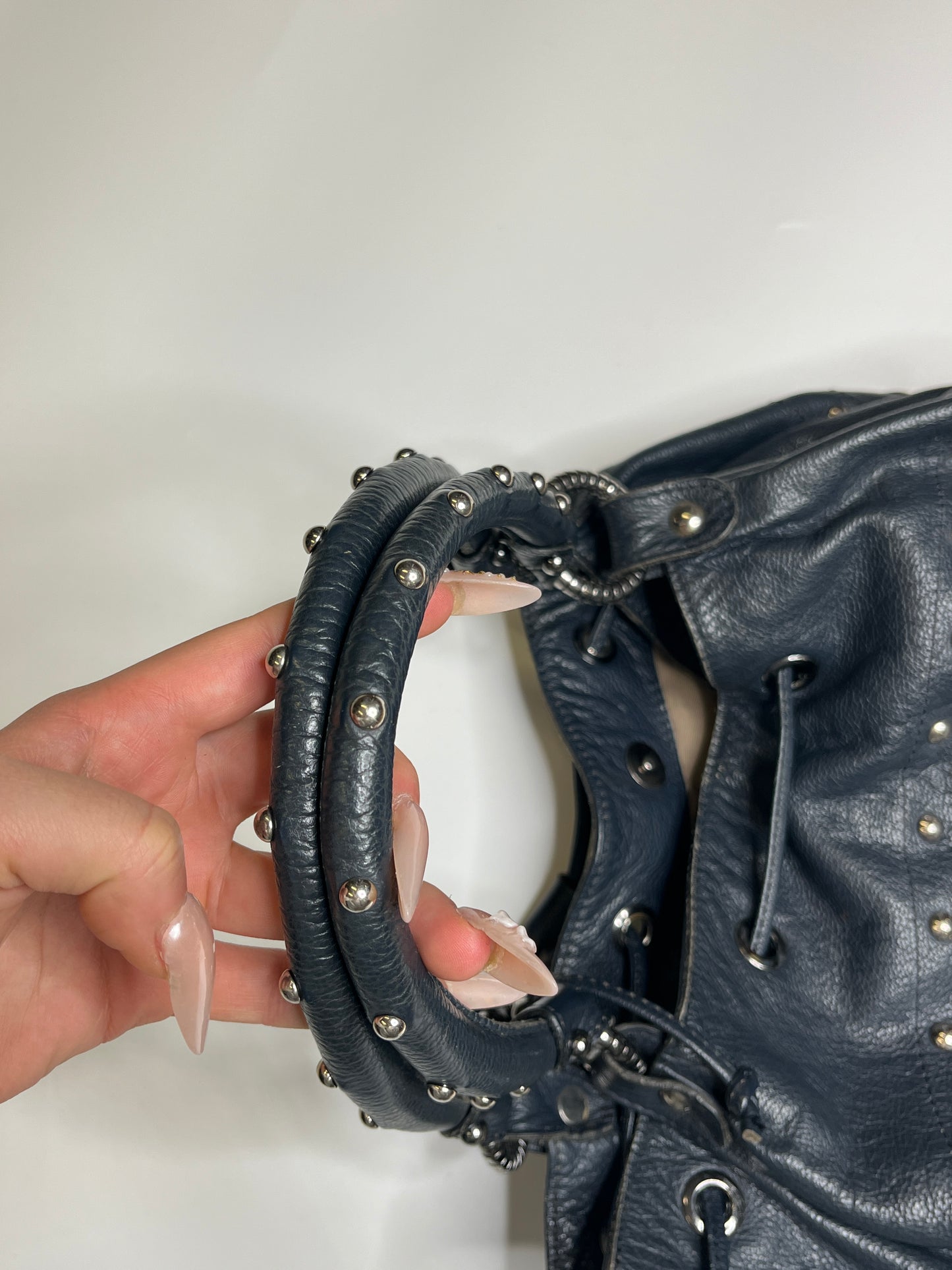 GENUILE LEATHER NAVY BLUE SILVER DOTS PURSE WITH MIRROR
