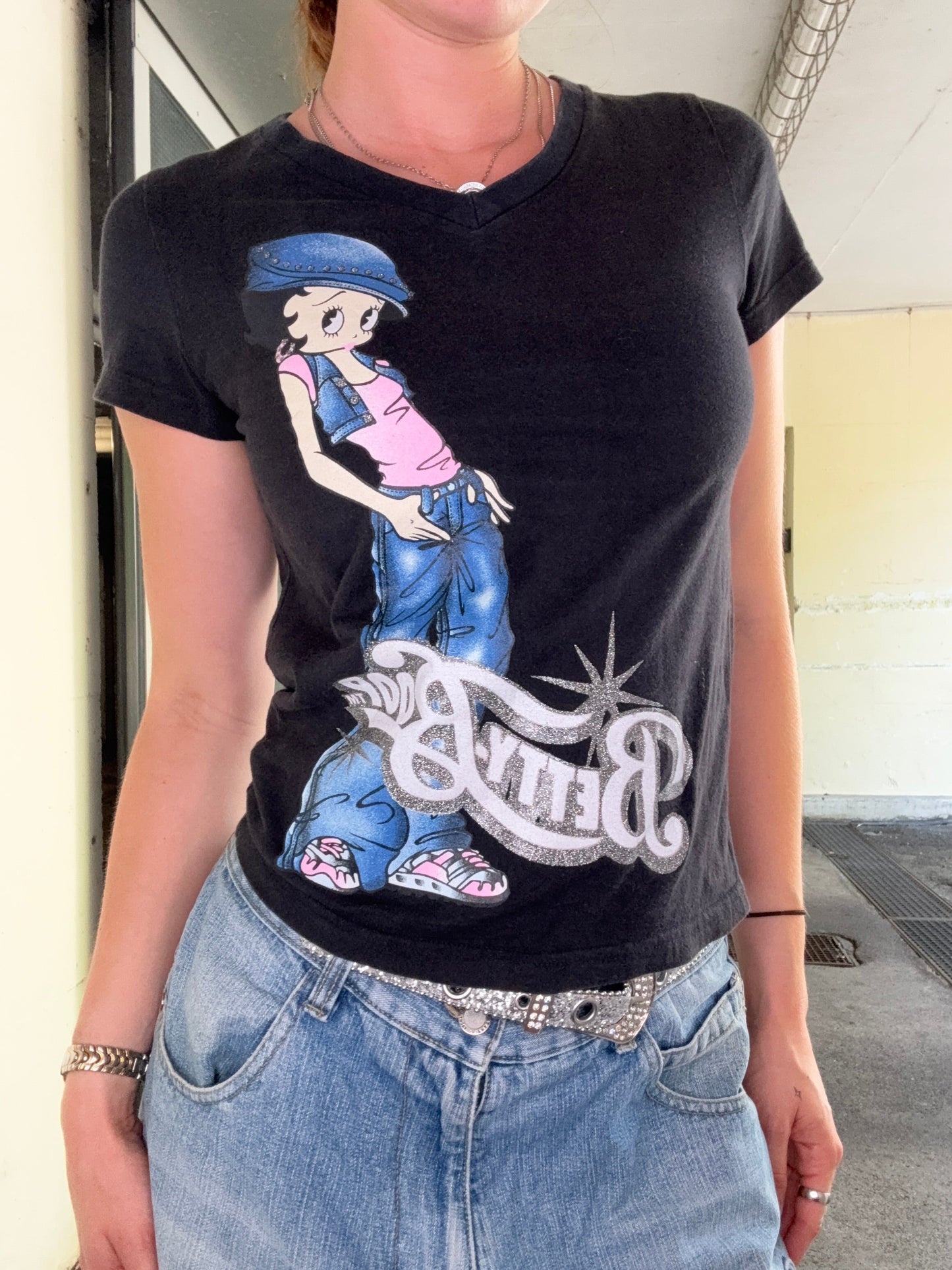 BETTY BOOP VINTAGE GLITTER DENIM GIRL GRAPHIC TEE