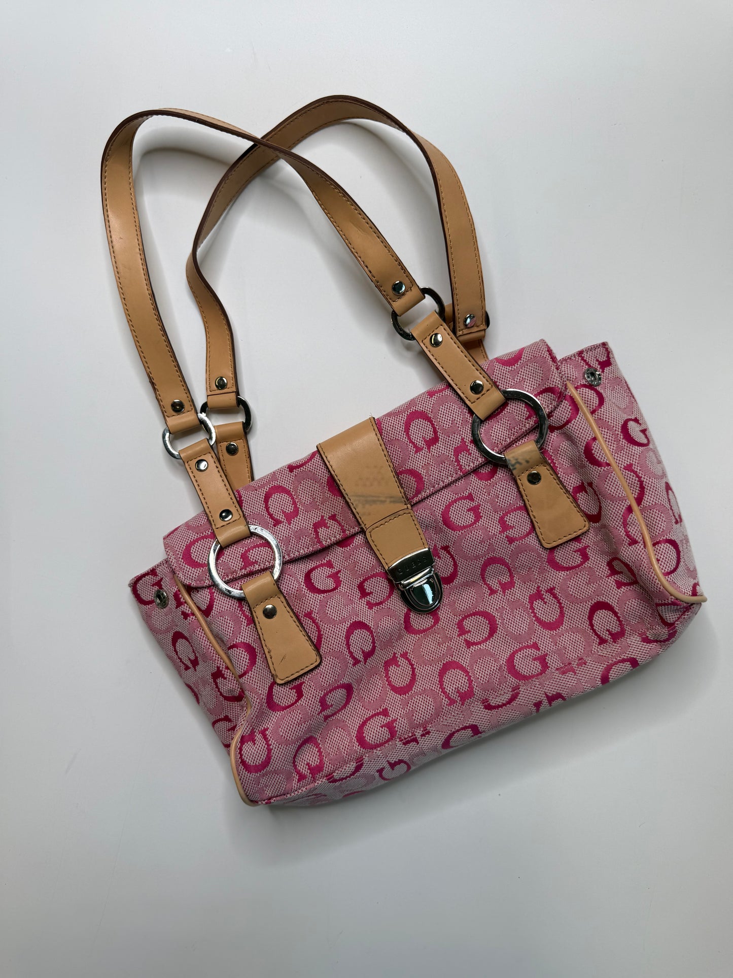 GUESS VINTAGE PINK LOGO JACQUARD TAN TRIM TOTE BAG