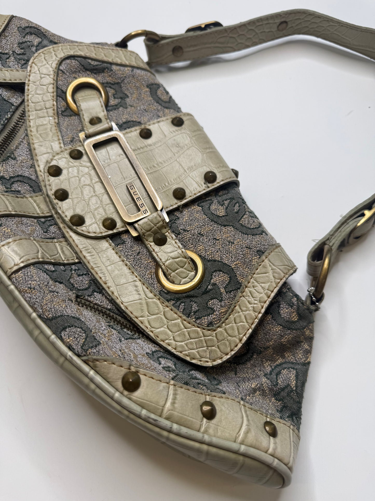 GUESS MONOGRAM STUDDED BAG – TAUPE