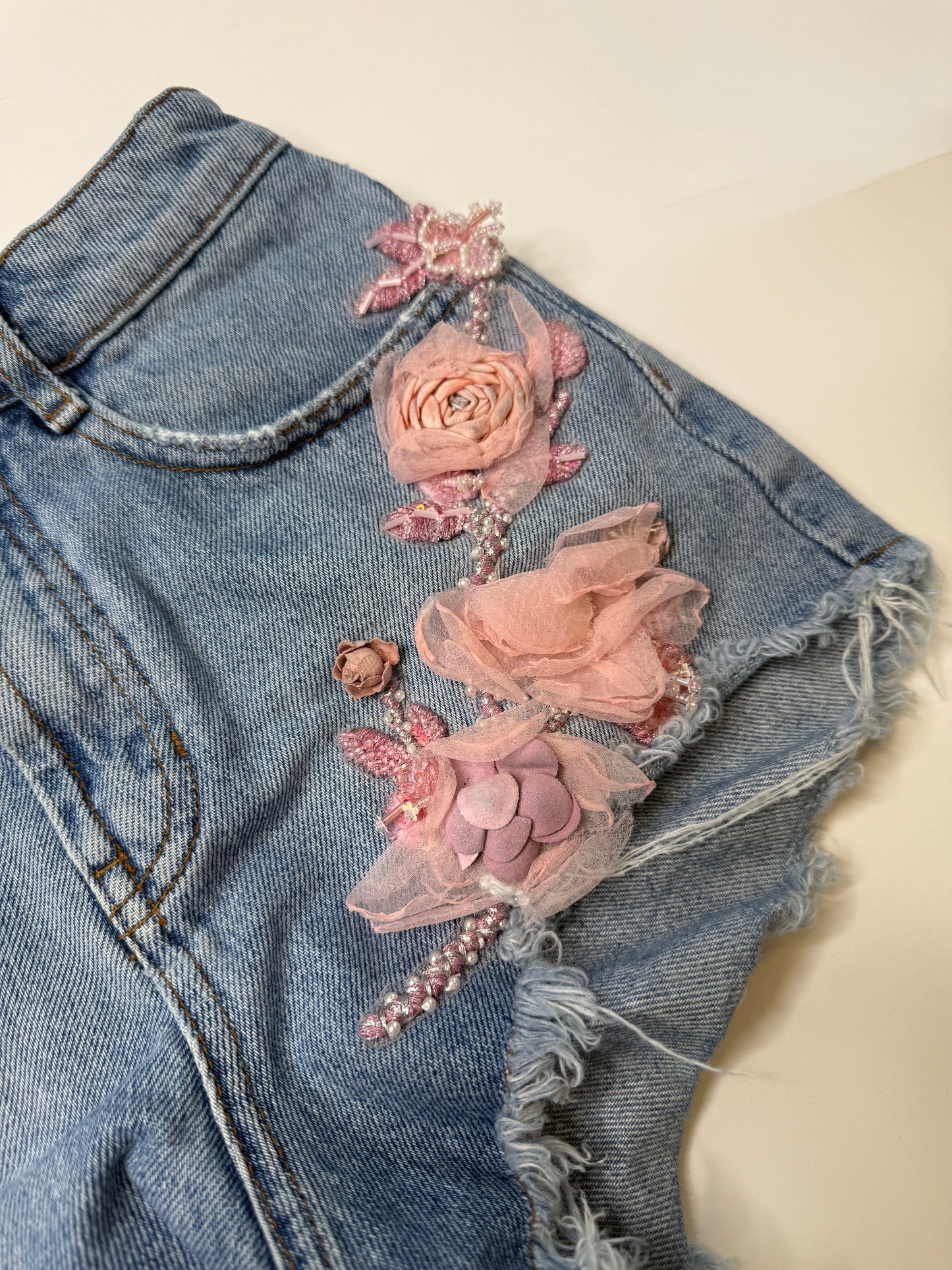 MISS SIXTY VINTAGE PEARL FLORAL DENIM CUTOFF SHORTS