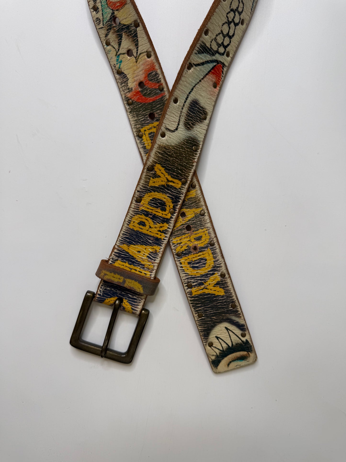 RARE ED HARDY LEATHER GRAFFITI BELT – TAN (S)