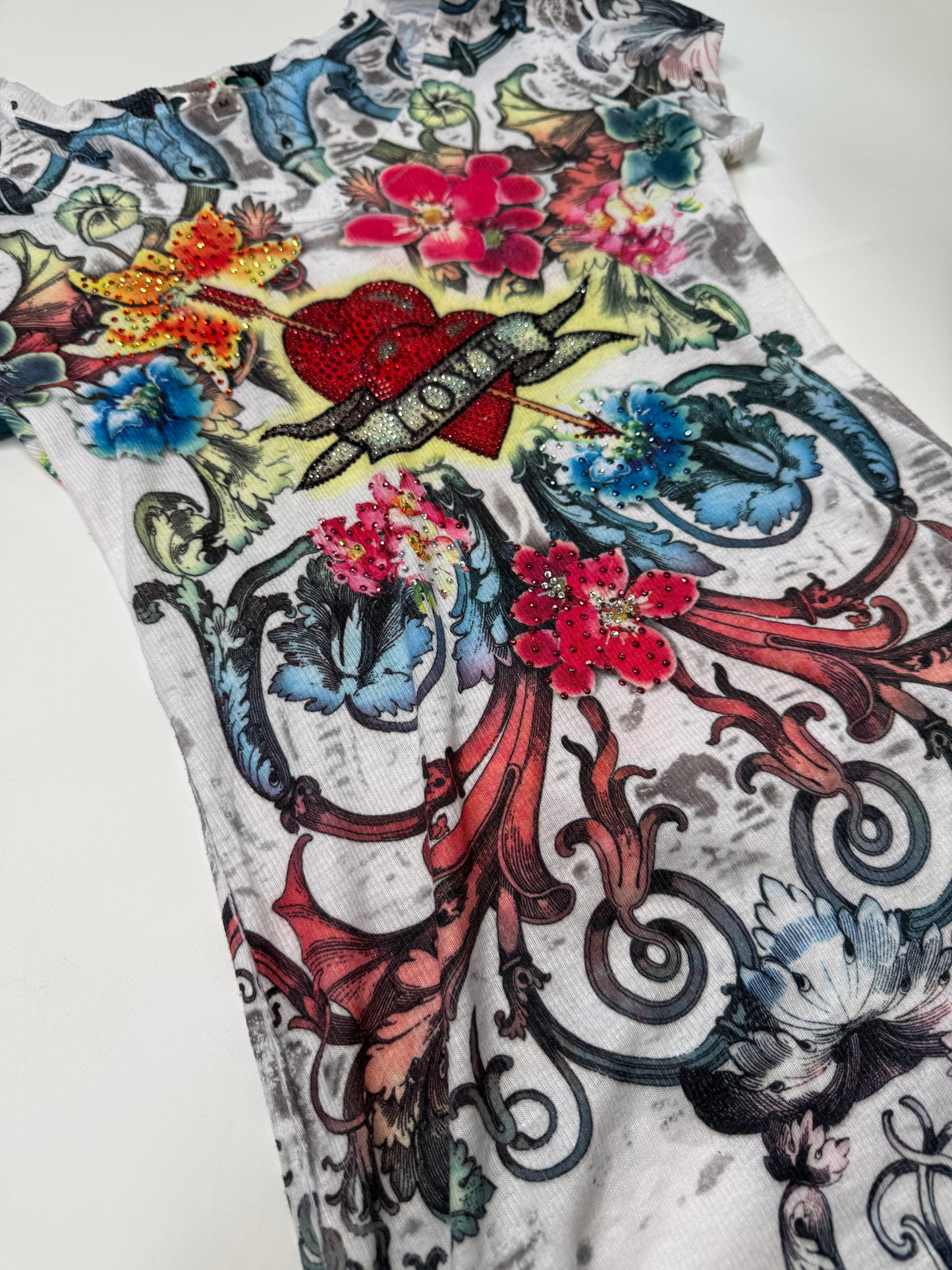 VINTAGE TATTOO ART GRAPHIC RHINESTONE T-SHIRT (LOVE) (M)