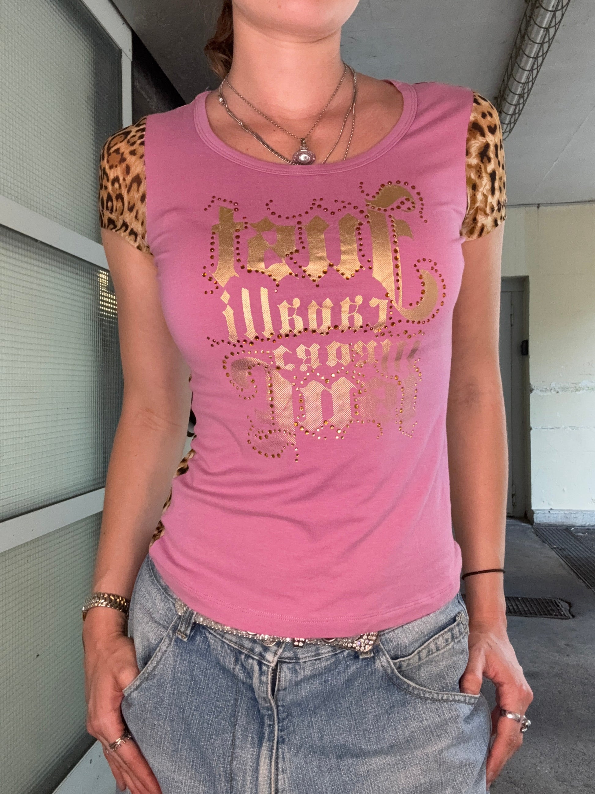 JUST CAVALLI VINTAGE LEOPARD PRINT RHINESTONE TOP