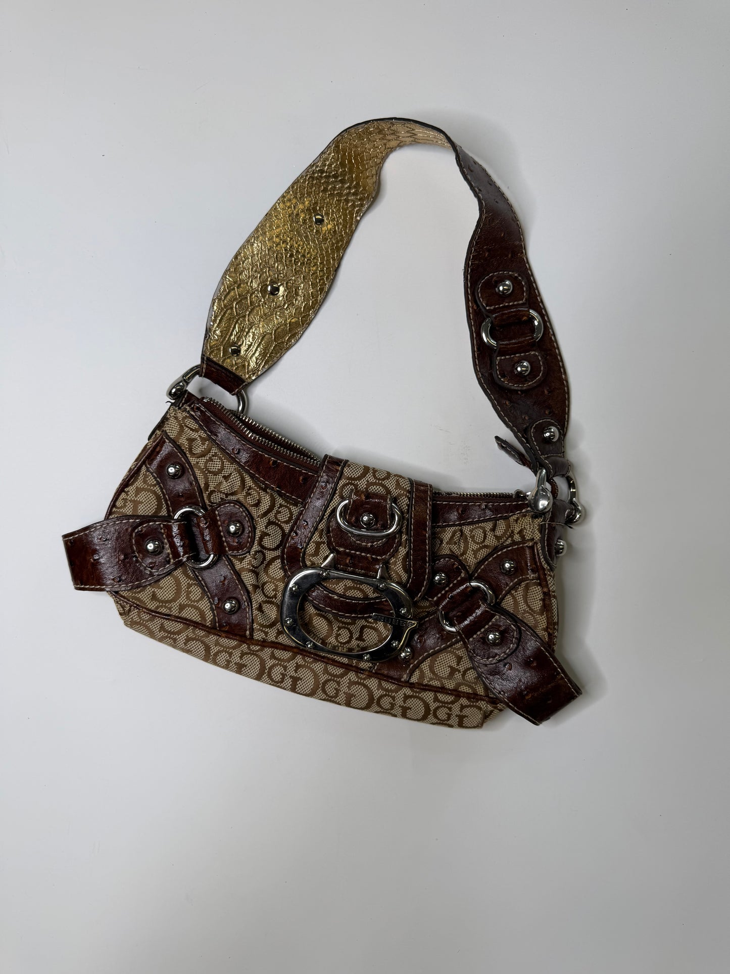 SPECIAL VINTAGE GUESS MONOGRAM SHOULDER BAG - OSTRICH TRIM (TAN)