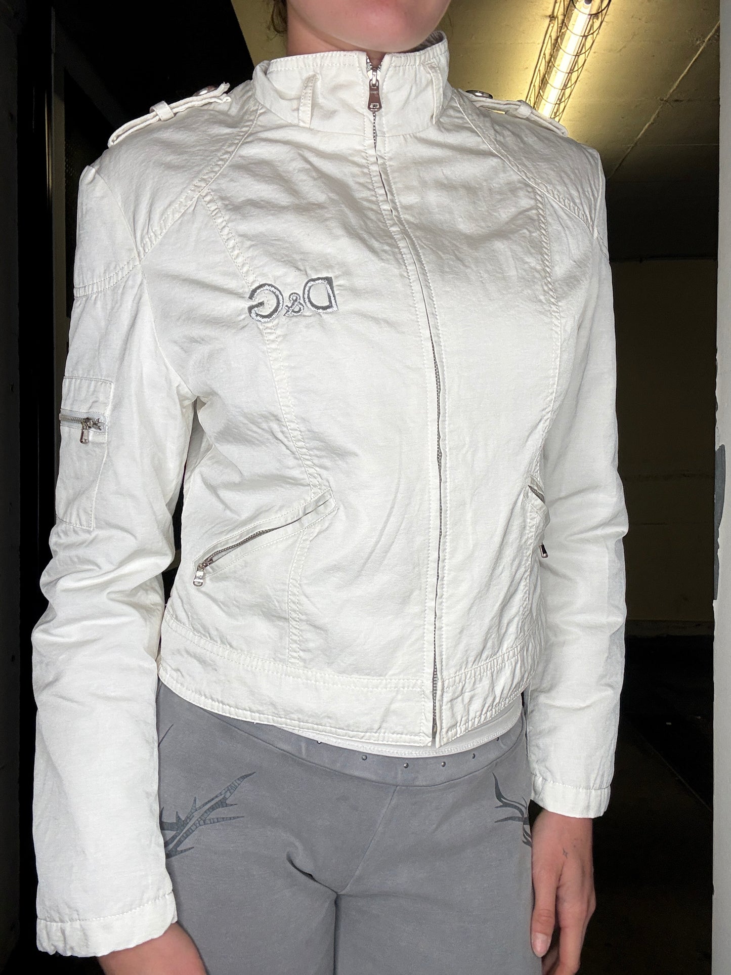 D&G VINTAGE WHITE ZIP MOTO JACKET