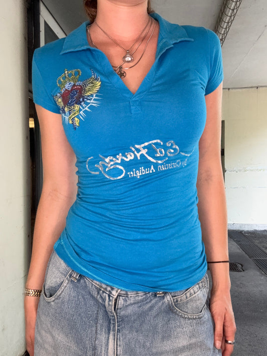 ED HARDY BLUE WINGED HEART CROWN RHINESTONE POLO (M)