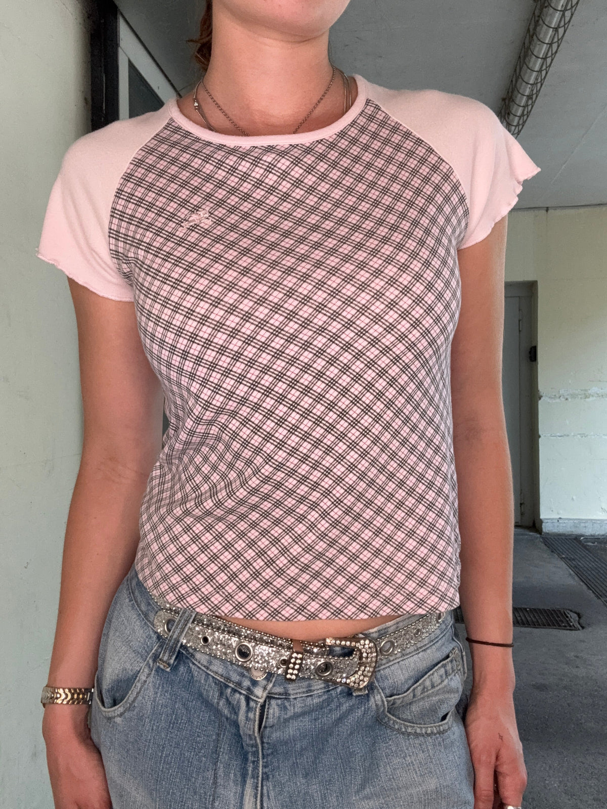 BURBERRY LONDON PINK CHECK RAGLAN TOP (L)