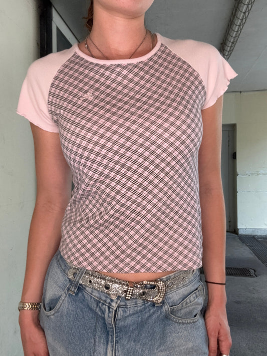 BURBERRY LONDON PINK CHECK RAGLAN TOP (L)