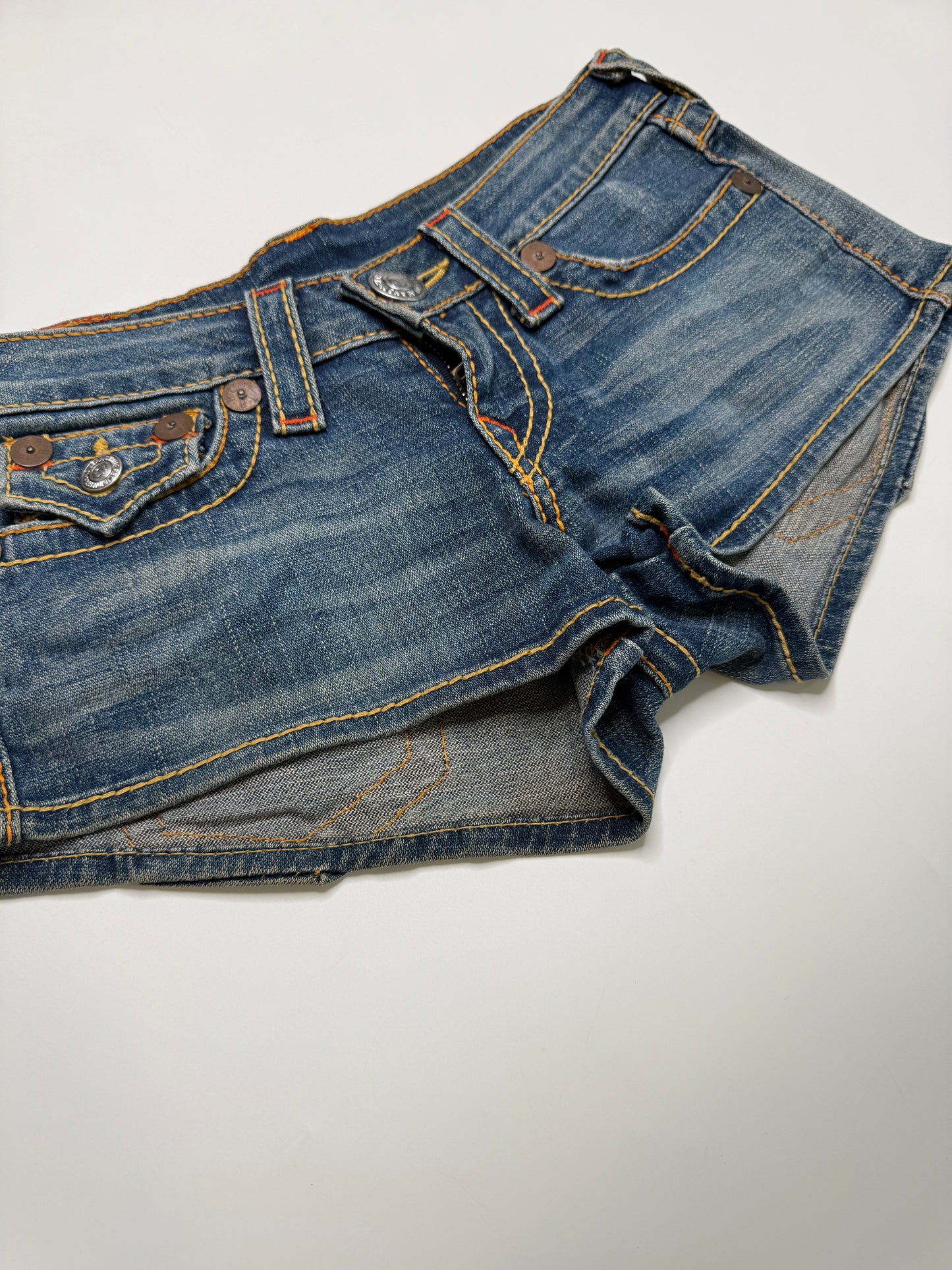 TRUE RELIGION VINTAGE DENIM MICRO SHORTS (24/S)