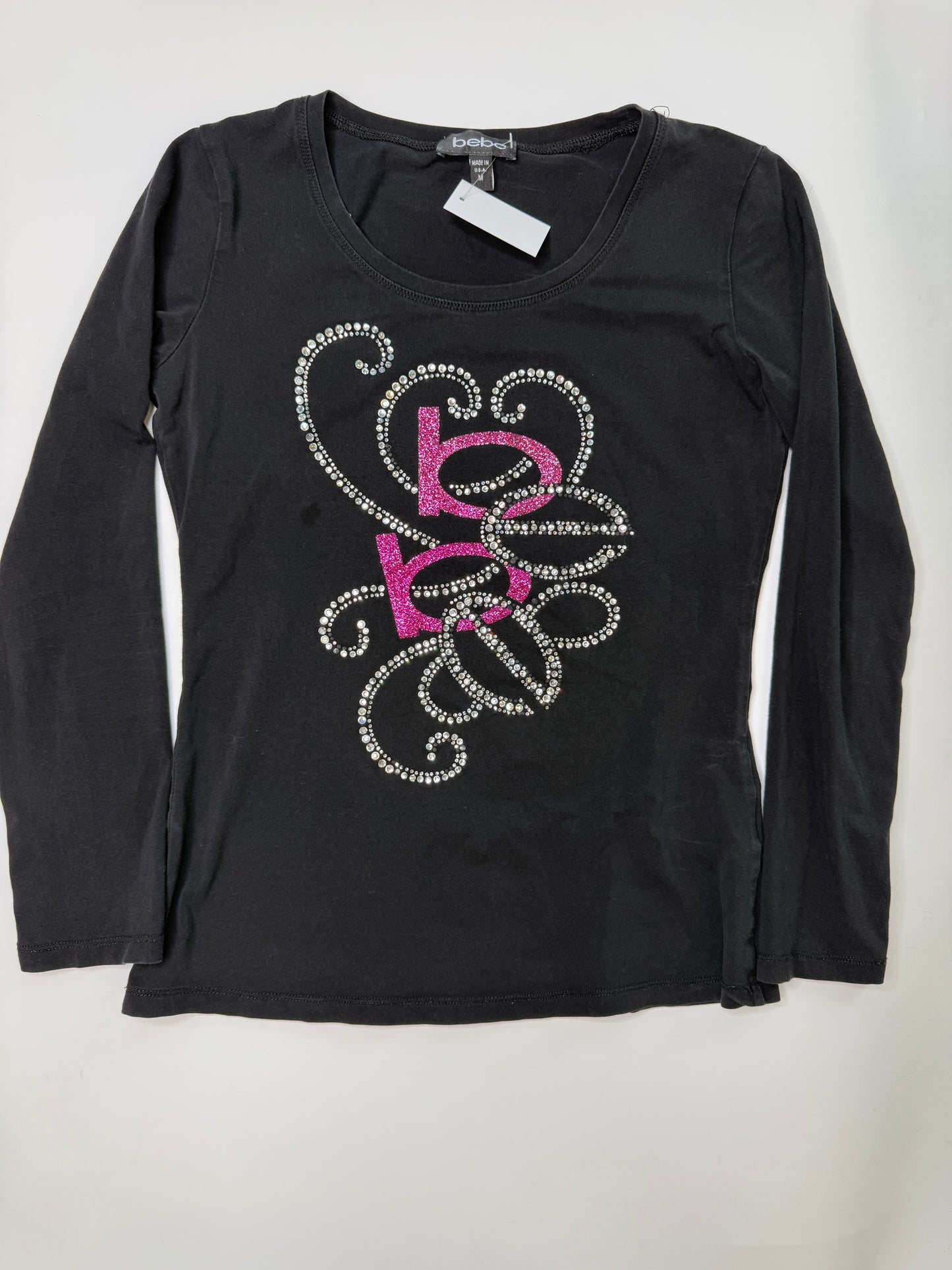 BEBE VINTAGE RHINESTONE LOGO LONG SLEEVE TOP (M)