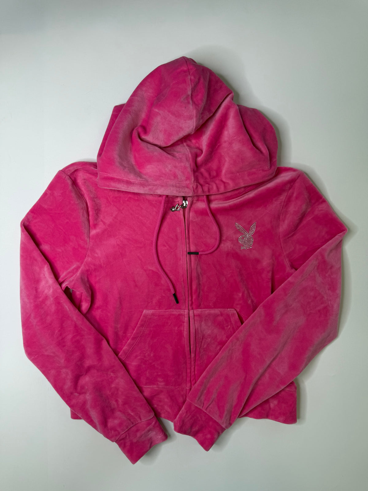 PLAYBOY RHINESTONE BUNNY VELOUR HOODIE PINK (M)