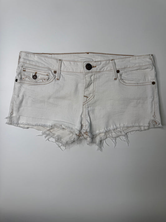 TRUE RELIGION VINTAGE FRAYED WHITE DENIM SHORTS