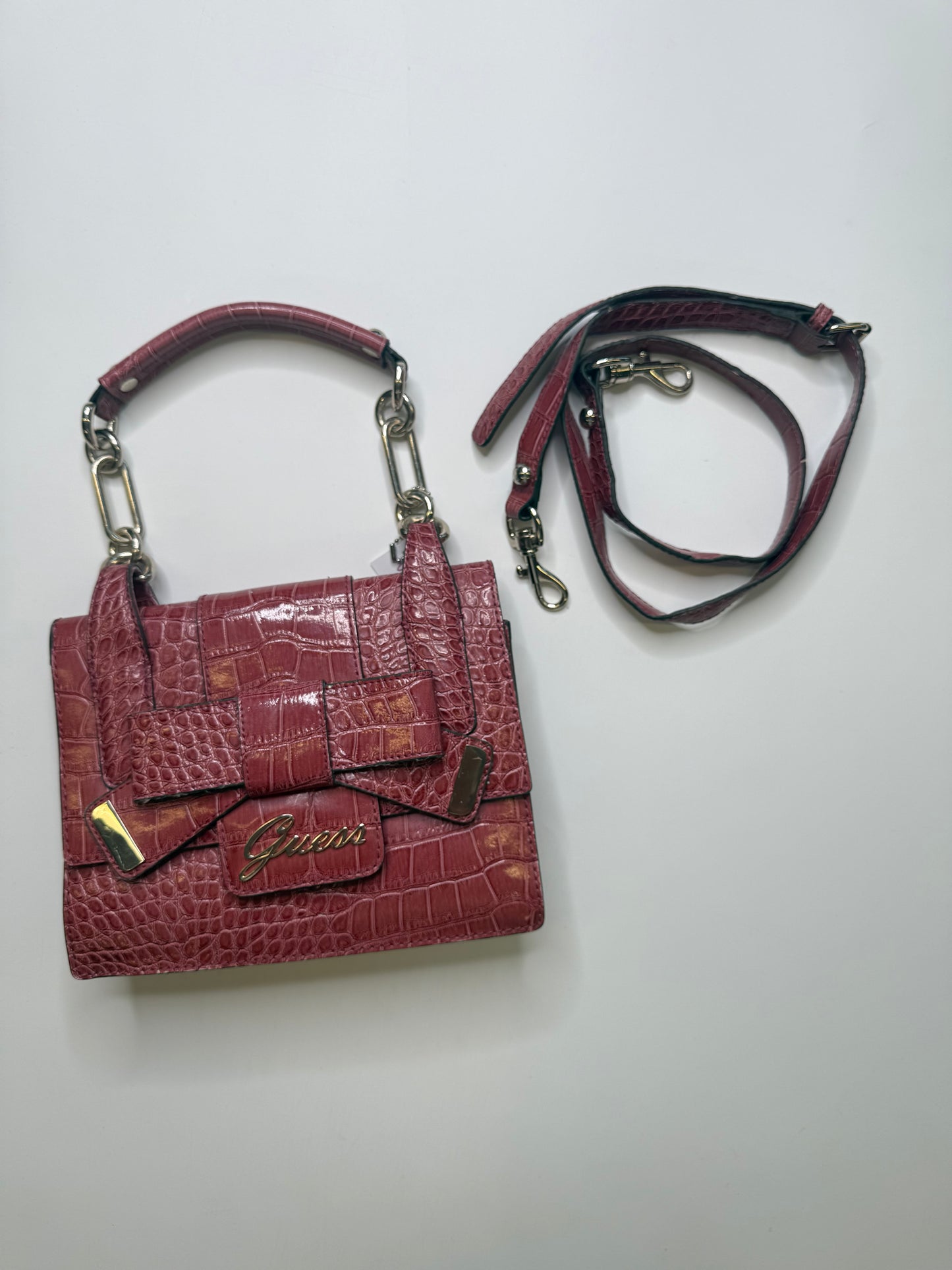 GUESS CROC EMBOSSED BOW BAG – BURGUNDY