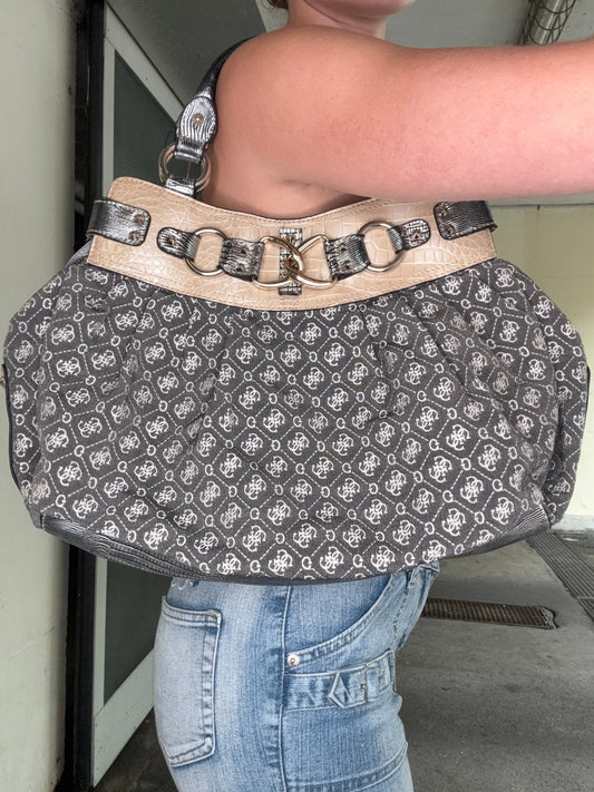 GUESS VINTAGE G LOGO JACQUARD CROC TRIM HOBO BAG